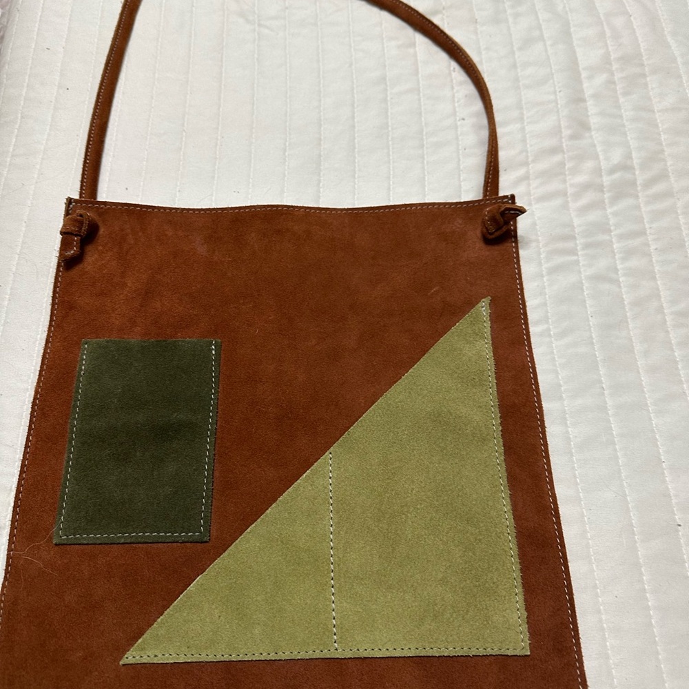 Brown Suede Shoulder Bag with Green Accents